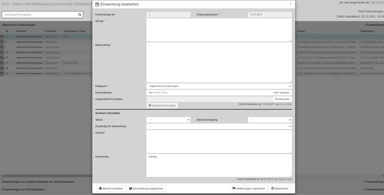 Mitwirkungssystem - Einwendungsbearbeitung Intranet