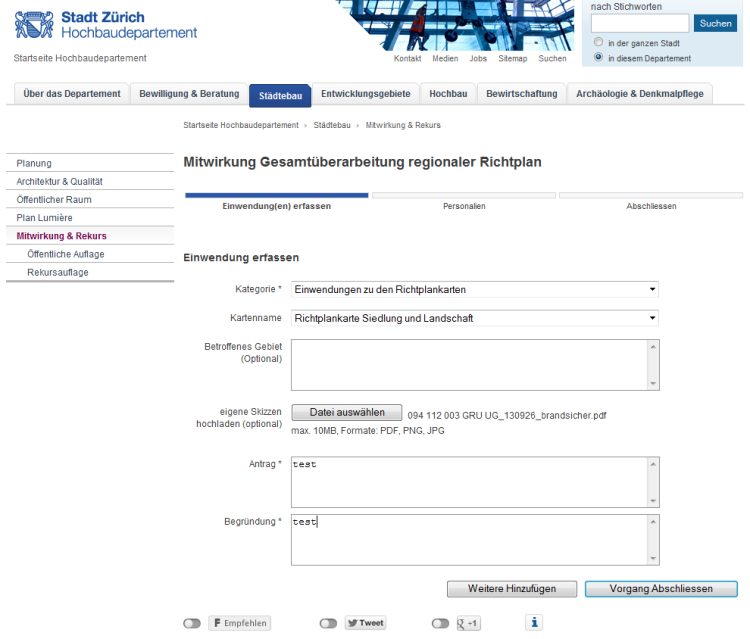 Gesamtüberarbeitung regionaler Richtplan Einwendungsformular